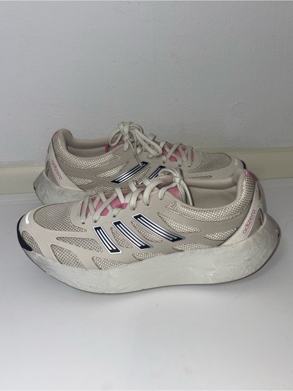 adidas Adizero Running Shoes in Beige with Pink Accents
